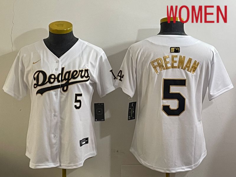 Women Los Angeles Dodgers 5 Freeman White Gold Game 2024 Nike MLB Jersey style 1209